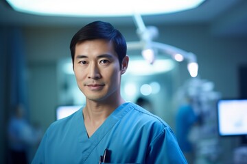 Portrait of a doctor medical worker in surgical clothing in an operating room, concept of surgery and professionalism in the medical field