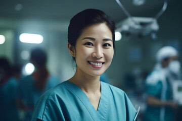 Fototapeta premium Portrait of a doctor medical worker in surgical clothing in an operating room, concept of surgery and professionalism in the medical field