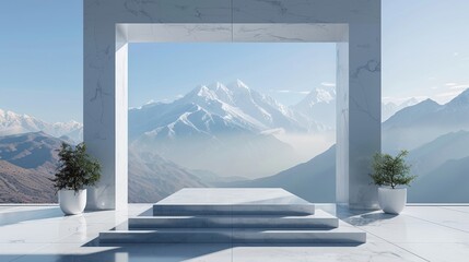 A serene, modern architectural space with a large, open gateway leading to a breath-taking view of snow-covered mountains under a clear blue sky - AI Generated Digital Art