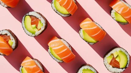 Delicious fresh salmon nigiri and sushi rolls. Light background. Asiatic cuisine. Aesthetic food concept. Generative AI