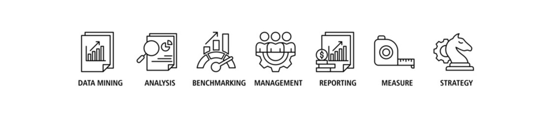 Business intelligence banner web icon set vector illustration concept with icon of data mining, analysis, benchmarking, management, reporting, measure, and strategy