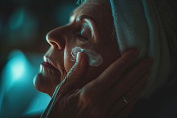 elderly woman applying cream to her face
