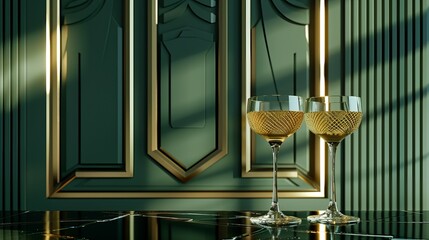 3D model of golden champagne glasses on a chic green art deco background