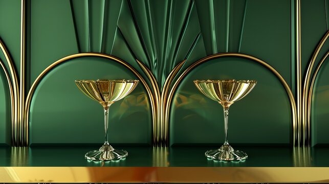 3D model of golden champagne glasses on a chic green art deco background