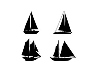 Set of Sailboat Ship Silhouette in various poses isolated on white background