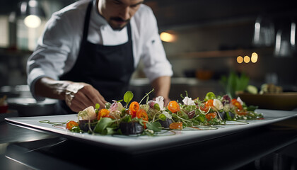 a gourmet dish is prepared by a chef in the kitchen of an expensive restaurant. 