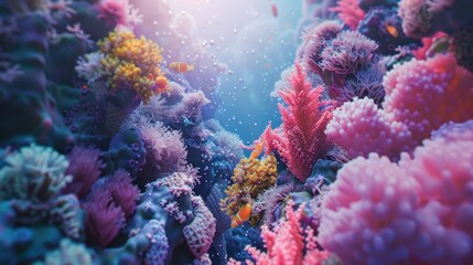 Naklejka na ściany i meble Enchanting Underwater Realm: Hyperrealistic Coral Reefs and Sea Creatures