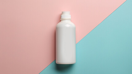 a white bottle without logos on a blue and pink background
