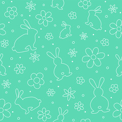 Cute and simple Easter background. Seamless pattern with hand drawn bunnies and flowers. Vector illustration