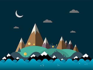 Night island with high mountains and ocean waves - vector