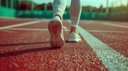 Some legs of a girl with pink sneakers training on an athletics track