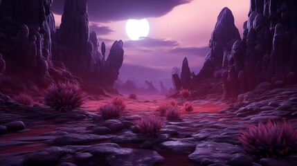 An alien landscape with strange rock formations and eerie glowing plants under a purple sky