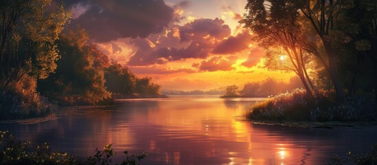 A detailed painting capturing the beauty of a vibrant sunset over a flowing river on a summer evening. The sky is ablaze with hues of orange, pink, and purple, reflecting on the water below.
