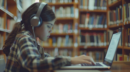 A brunette girl with headphones studying with her laptop in a library