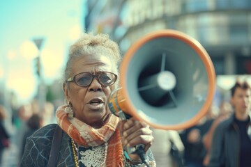 An old African American woman stands with a loudspeaker in hands says something loudly among the street crowd at a rally. Concept of women's freedom of speech, women's rights, International - obrazy, fototapety, plakaty
