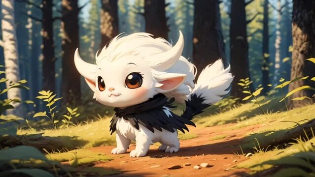 A fluffy creature with horns and cute expression in the forest with sun shining 