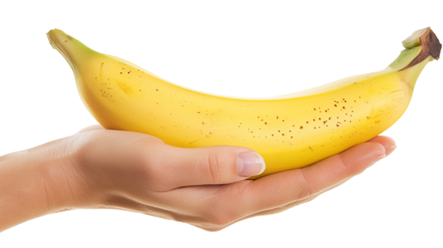 Hand holding a banana isolated on a transparent background