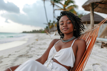 Woman enjoying peaceful moment in hammock on beach