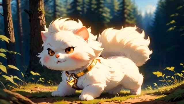 A cute fluffy white creature looking like a cat with a cute expression in cartoon style 