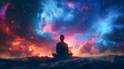 Man sitting in yoga lotus pose and his connection to space. 