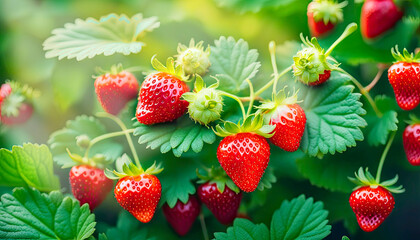 strawberry bush with green leaves and ripe juicy berries, realistic photo