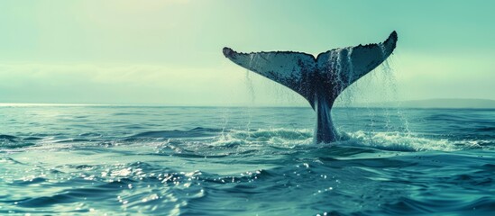 Seascape with whale tail dripping with water on the surface of the sea or ocean, banner with copy space