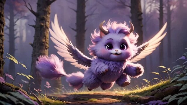 A fluffy purple creature and wings flying in a fantasy forest 