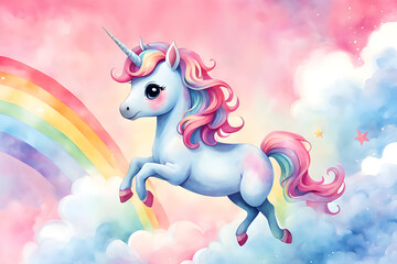 Obraz na płótnie Canvas watercolor unicorn jumps and runs across the rainbow