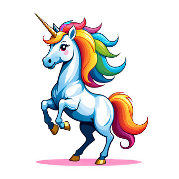 drawn unicorn with a multi-colored rainbow mane on a white background isolate