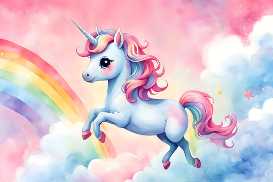 watercolor unicorn jumps and runs across the rainbow