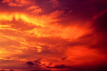 Fiery orange sunset sky. Beautiful sky
