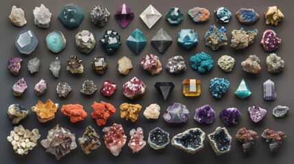 Top view of a large geological collection of semi-precious stones, stones and minerals. Dark background. Generative AI