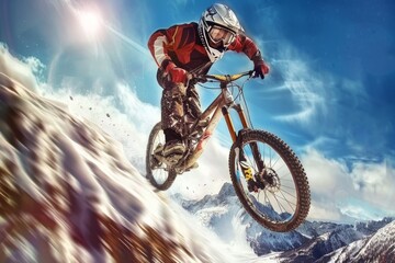 Fototapeta na wymiar Man Riding Bike Up Snowy Mountain
