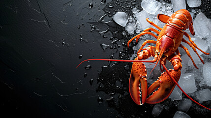 A Beautiful Red Lobster Lying on Ice and on a Black.