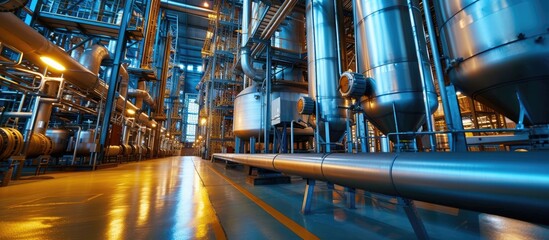 Naklejka premium The industrial facility is bustling with activity, showcasing a network of interconnected metal pipes. State-of-the-art equipment can be seen in the background, indicating efficient manufacturing