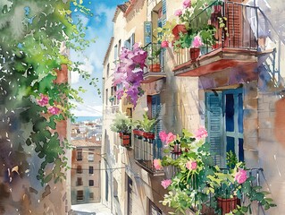 Barcelona streets with windows and houses and flowers in watercolor style