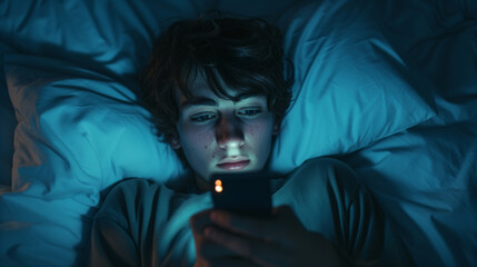 Doomscrolling. FOMO. Teenager boy lying in bed at night, checking phone with a worried expression