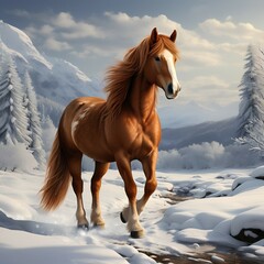 Obraz na płótnie Canvas A chestnut horse with a long mane and tail in a snowy landscape, 3d rendering