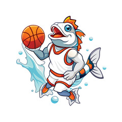 cartoon character fish playing basket ball 