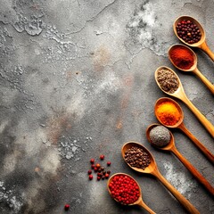 Spices in spoons on grey concrete background