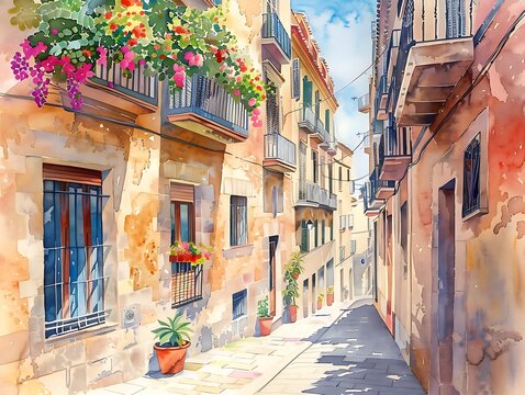Fototapeta Barcelona streets with windows and houses and flowers in watercolor style