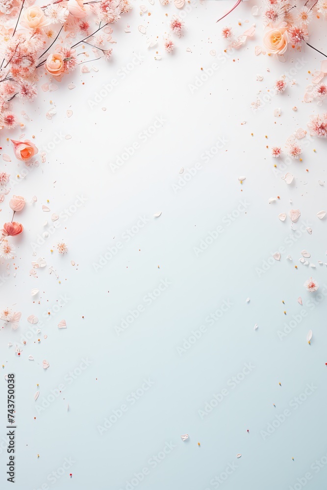 Poster white blue gradient background adorned with delicate pink flowers, creating a soft and dreamy copy s