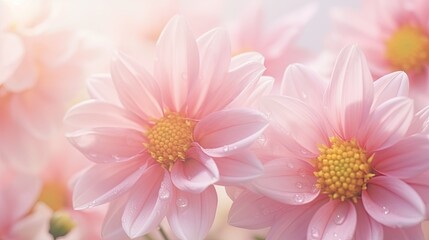 Fototapeta premium A cluster of delicate pink flowers glisten with water droplets, creating a magical and enchanting scene of beauty and grace