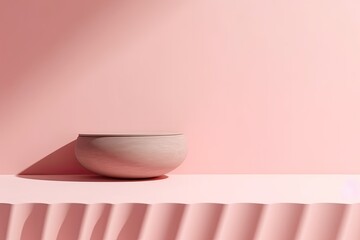 Fototapeta na wymiar Wooden bowl gracefully rests atop a vibrant pink shelf, creating a harmonious and elegant display