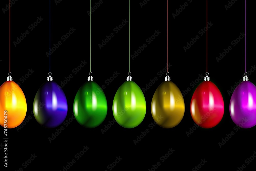 Poster a delightful row of vibrant easter ornaments suspended by strings, creating a colorful and festive d