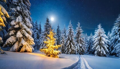 enchanting winter night scene with snow covered trees in a serene forest christmas night at woods under the moonlight