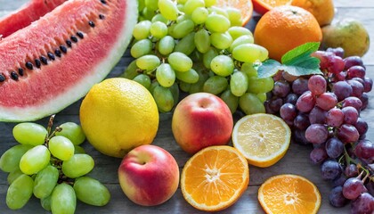 fresh ripe organic fruits from market grape and orange grapefruit and lemon watermelon and...