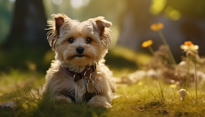small cute dog in the park against a background of flowers in the sunlight. portrait of a dog in nature.