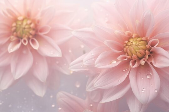 Two delicately pink flowers glisten with water droplets under soft light, showcasing their natural beauty and freshness