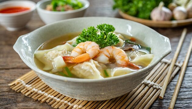 shrimp wonton with braised pork in soup on wooden table asian food style select focus image